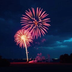 Wall Mural - Brilliant fireworks bursts against a deep blue night sky, bright, sparkler, festive