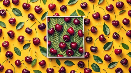 Poster - Summertime Cherries in a Box A Vibrant Flat Lay of Ripe Red Cherries and Lush Green Leaves on a Sunny Yellow Background