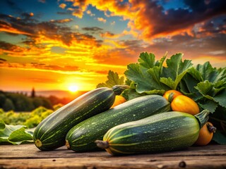 Canvas Print - Silhouette of Ripe Zucchini in Summer Garden at Sunset