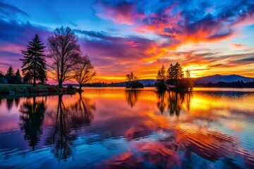 Wall Mural - Silhouette of Trees and Hills at Sunset Over Lake Sacajawea, Kelso, Washington