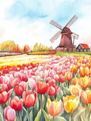 Poster - Vibrant tulip fields and windmill create a picturesque spring landscape in watercolor illustration. Generative AI