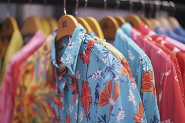 Poster - Clothing items displayed on a garment rack with multiple shirts hanging from hooks