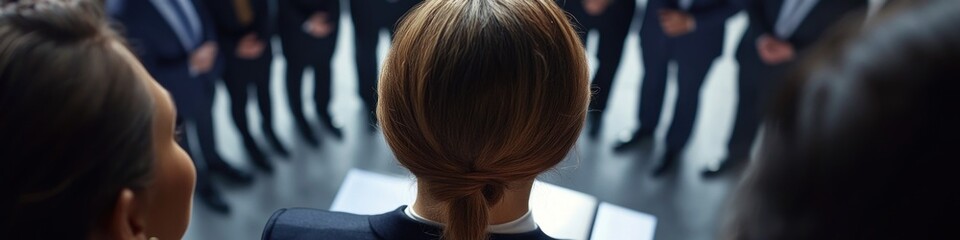 Aufkleber - A woman with a ponytail stands among a group of people, possibly at an event or gathering