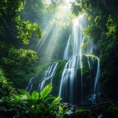 Aufkleber - Majestic waterfall cascading through lush rainforest with sunlight streaming down creating a serene atmosphere. Generative AI