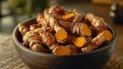 Aufkleber - A bowl filled with sliced turmeric on a wooden table, perfect for cooking or serving