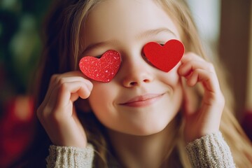 Poster - A young girl holds up two red hearts to block out the view, possibly indicating she's shy or wants to express love