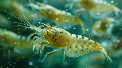 Aufkleber - A group of vibrant shrimp moves through clear water, displaying their colorful exoskeletons while creating bubbles. The underwater scene is rich with marine life.
