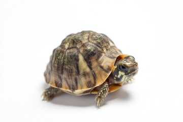 Poster - A small turtle is photographed in close-up, sitting on a white surface