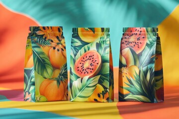 Poster - Three bags of fresh fruit arranged on a vibrant surface