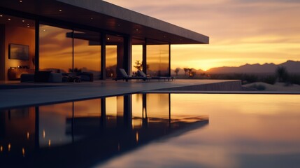 Poster - A residential home with an outdoor pool and surrounding scenery at the time of day when the sun sets