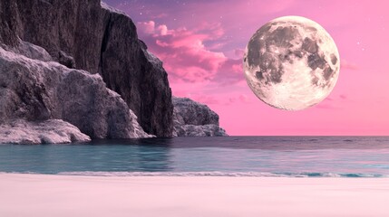 Wall Mural - Serene pink sunset over a tranquil beach with a large moon illuminating the scene.