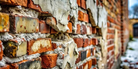 Poster - A weathered brick wall with crumbling mortar and exposed bricks reveals the passage of time