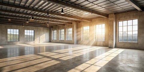 Leinwandbilder - Sunlit Industrial Loft Space Expansive Windows, Polished Concrete Floor, and Exposed Wooden Beams