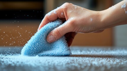 Poster - A person using a blue cloth to clean a table, simple household task