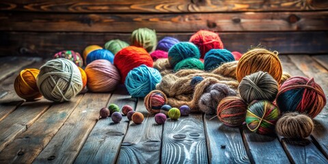 Poster - A colorful assortment of yarn balls and fiber bundles rests on a rustic wooden surface