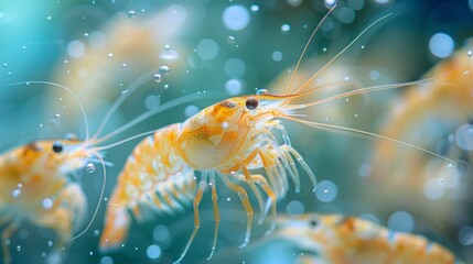 Poster - Shrimp swim gracefully in a clear aquarium filled with bubbles, showcasing their vivid orange and yellow tones. The scene captures their lively presence and intricate details in motion.