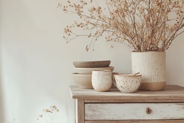 Poster - A wooden table decorated with bowls and vases