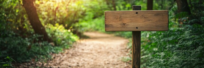 Aufkleber - Sunlight filters through trees illuminating an empty wooden sign in a forest, indicating a path and inviting exploration and decision making