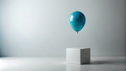 Aufkleber - Single teal balloon floats above a white cube on a minimalist background