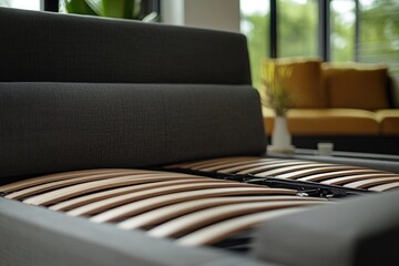 Aufkleber - A comfortable bed with wooden slats in a cozy living room setting