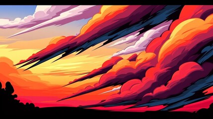 Wall Mural - Vibrant sunset with dramatic, stylized clouds in shades of orange, red, and purple.  A digital illustration of a fiery sky.