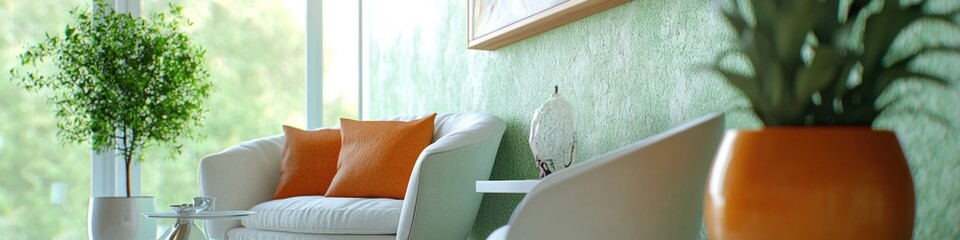 Poster - A white chair sits next to a plant in a cozy living room setting, perfect for home decor or interior design
