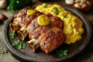 Wall Mural - A wooden plate filled with meat and vegetables for a meal or snack