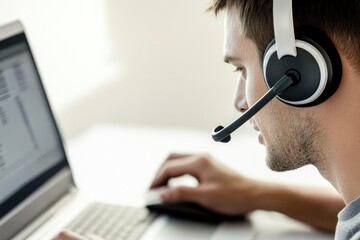 Poster - a person sitting in front of a laptop with a headset on, focused on their work