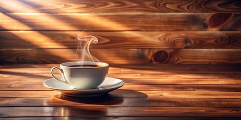 Poster - Aromatic coffee steaming in a white cup on a rustic wooden table bathed in sunlight