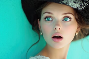 Poster - A woman wears a black hat and has a surprised expression, perfect for illustration or graphic design
