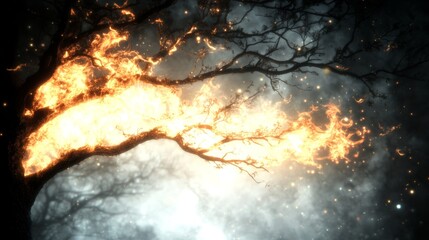 Canvas Print - Fiery tree branch ablaze against a dark, ethereal sky.  A magical, surreal scene.