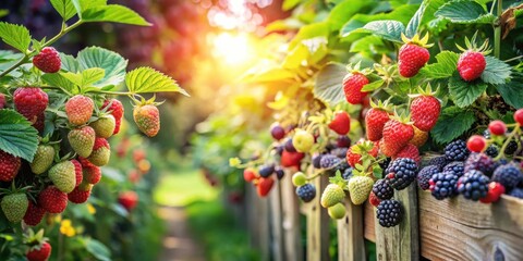 Poster - Sunlit Berry Patch Abundance Ripe Raspberries and Blackberries on Wooden Fence