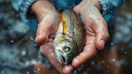 Aufkleber - Hands gently hold a shiny brown trout while droplets of water scatter around. The sun shines, illuminating the beautiful details of the fish against a serene backdrop.