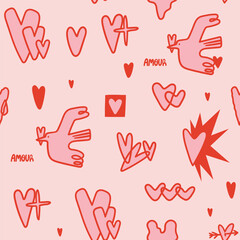 Wall Mural - various unique hearts, birds. doodle, simple, cool, modern style. hand drawn trendy vector illustrat