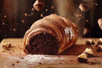 Poster - A beautifully presented chocolate-filled croissant on a natural wooden cutting board, ready for serving or gifting
