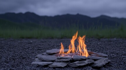 Wall Mural - Campfire Burning at Dusk with Mountain Background
