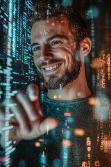 Poster - a smiling man sitting in front of a computer screen with a neutral background