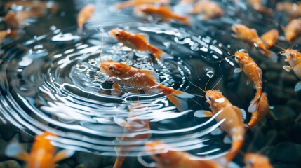 Aufkleber - Orange shrimp swim gracefully in clear water, disturbing the surface and creating ripples. Sunlight enhances the tranquility of the aquatic setting.