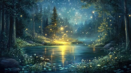 Wall Mural - Magical light glowing over a tranquil lake surrounded by trees