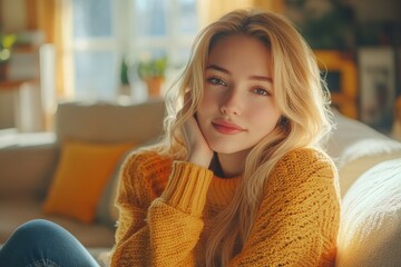 Poster - A woman sits on a couch wearing a yellow sweater, perfect for everyday use or lifestyle photography