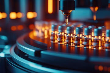 Poster - Close-up of a machine filled with various sized bottles