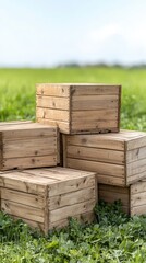 Wall Mural - Wooden crates sit near a vibrant green field, surrounded by trees and under a blue sky with fluffy clouds, evoking tranquility