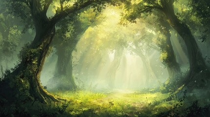 Wall Mural - Misty forest landscape with a touch of vintage charm