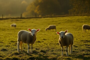 Poster - Two lambs grazing in a sunlit pasture, other sheep visible in the background.