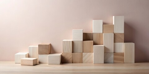 Poster - Wooden blocks arranged in an ascending pattern against a light pink wall