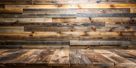 Poster - Rustic Wooden Tabletop with a Reclaimed Wood Wall Background Perfect for Product Displays or Mockups