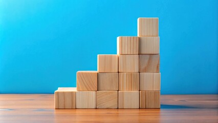 Aufkleber - Wooden blocks forming ascending staircase on table against blue background