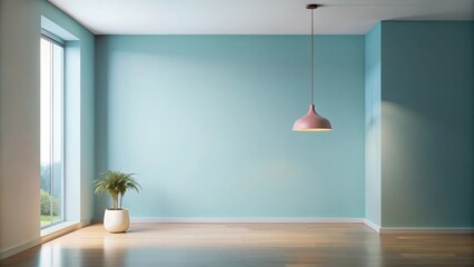 Aufkleber - Empty room interior design with pale blue walls, hardwood floors, a single pendant light, and a potted plant