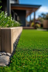 Poster - A close-up view of a wooden block lying on the grass, with greenery surrounding it