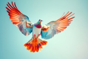 Wall Mural - A colorful bird soaring through the clouds with vibrant plumage and outstretched wings